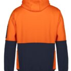 Back view of a color-block hoodie, orange on top and navy blue on the bottom.