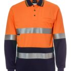 Long-sleeve orange and navy hi-vis polo shirt with reflective silver stripes.