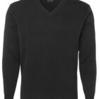Plain black V-neck sweater with long sleeves, displayed on a white background.