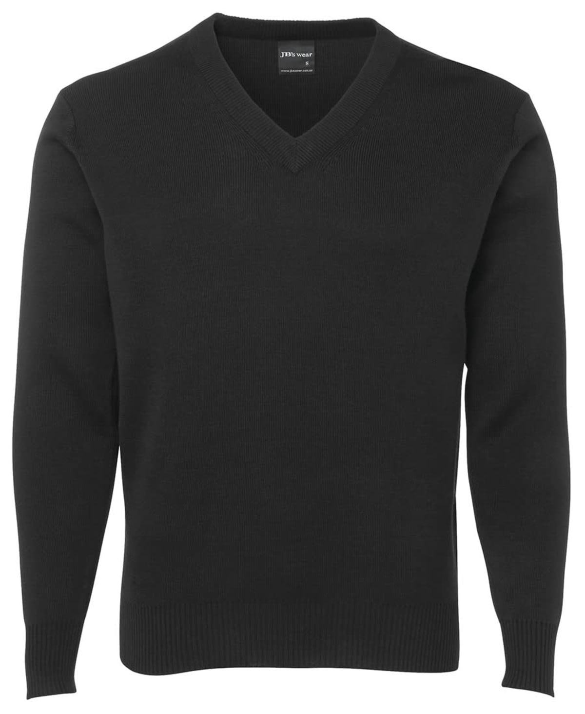 Plain black V-neck sweater with long sleeves, displayed on a white background.