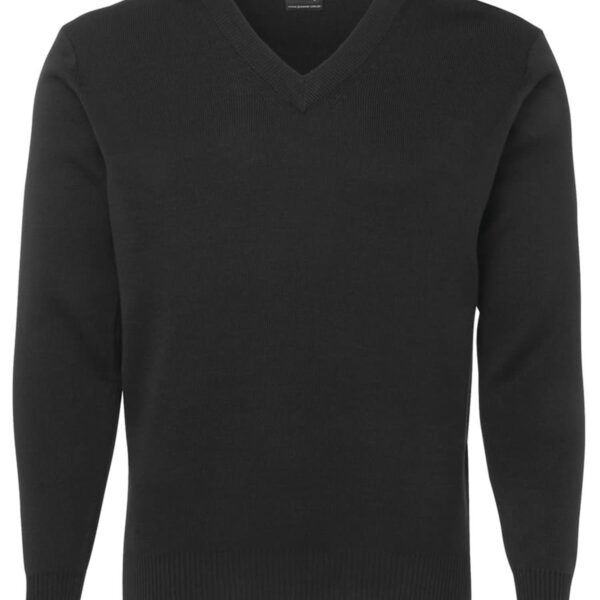 Black long-sleeve V-neck sweater on a plain white background.