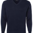 Navy blue V-neck sweater with long sleeves, displayed on a white background.