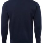 Back view of a plain, long-sleeve, dark navy blue sweater.