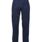 Navy blue cargo pants with side pockets, displayed on a white background.