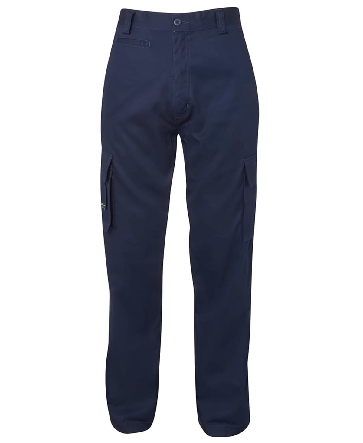 Navy blue cargo pants with side pockets, displayed on a white background.
