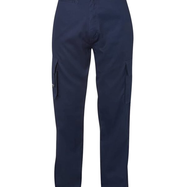 Navy blue cargo pants with multiple pockets, shown against a white background.
