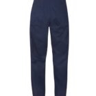 Navy blue work pants with back pockets and a side pocket, viewed from the back.