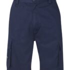 Navy blue cargo shorts with button closure and side pockets, displayed on a white background.