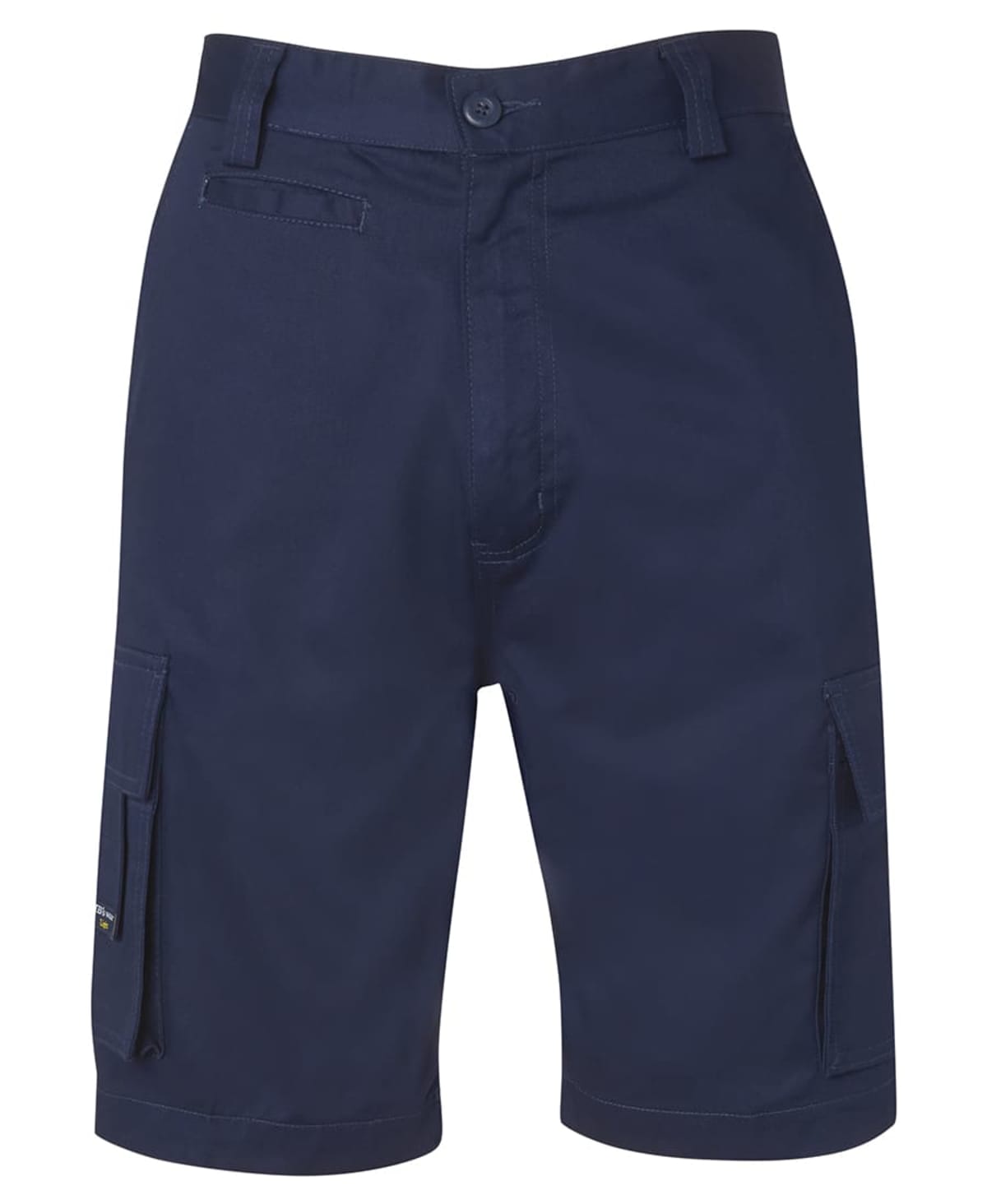 Navy blue cargo shorts with button closure and side pockets, displayed on a white background.