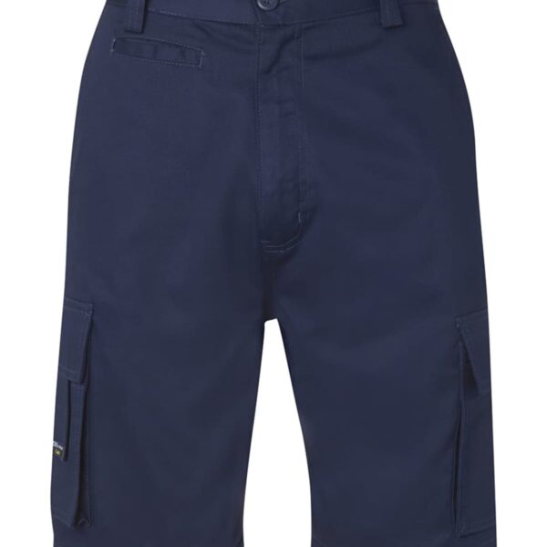 Navy blue cargo shorts with side pockets, seen from the front.