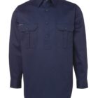 Navy blue long-sleeve shirt with two front chest pockets and a collar.