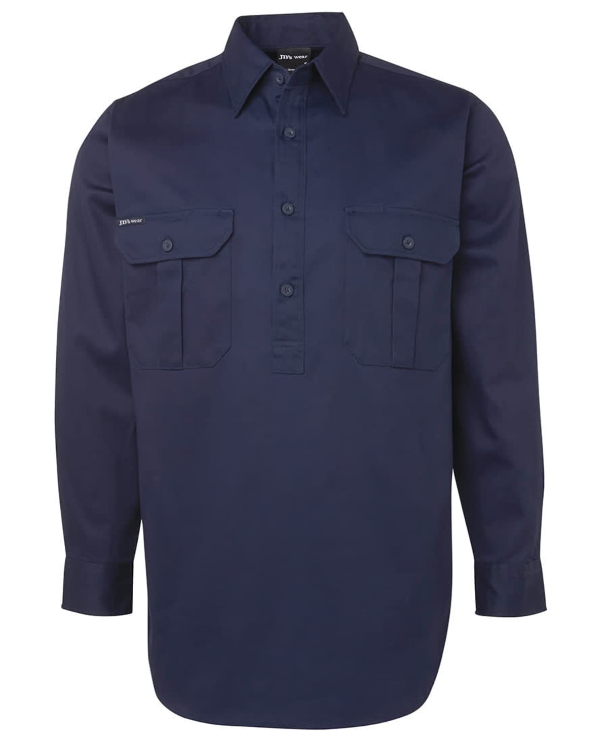Navy blue long-sleeve shirt with two front chest pockets and a collar.