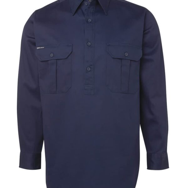 Navy blue long-sleeve shirt with two front chest pockets and a button-up collar.