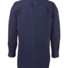 Back view of a long-sleeve navy blue button-up shirt.