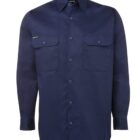 Long-sleeve navy blue button-up shirt with two chest pockets.