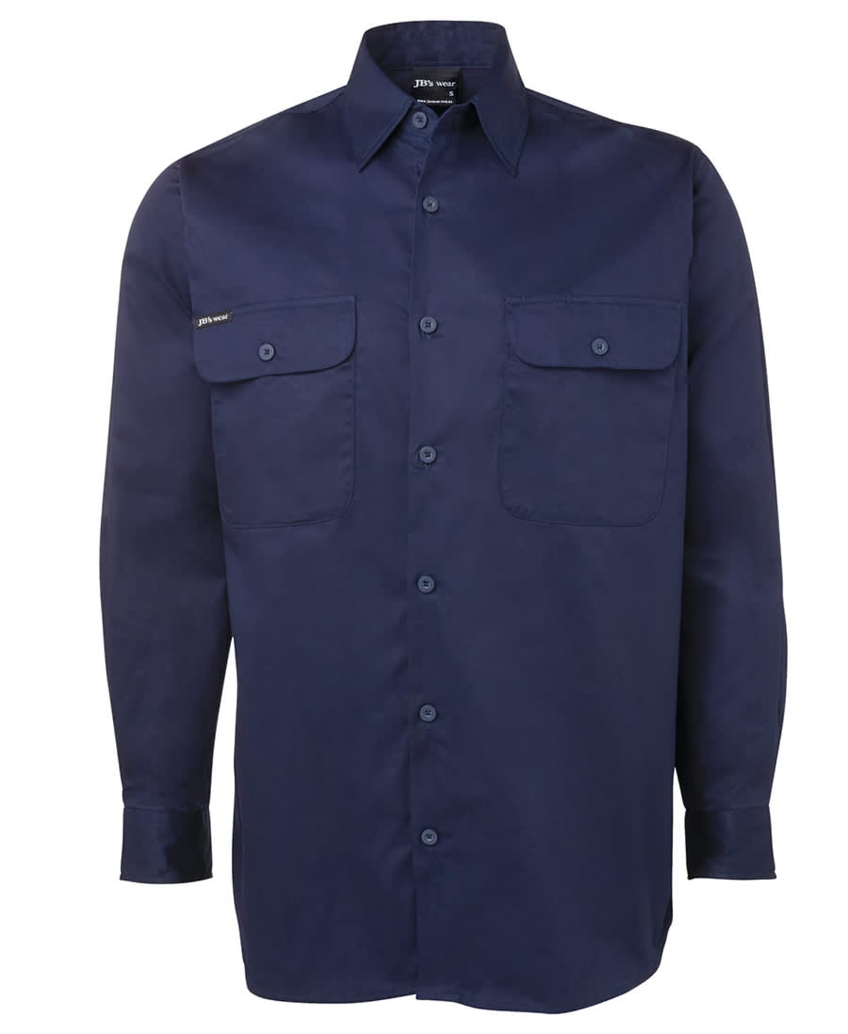 Long-sleeve navy blue button-up shirt with two chest pockets.