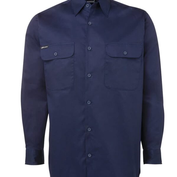 Navy blue long-sleeve button-up shirt with two chest pockets.