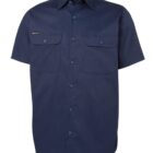 Navy blue short-sleeve button-up shirt with two chest pockets.