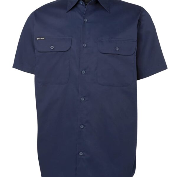 Navy blue short-sleeve button-up shirt with two chest pockets.