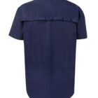 Back view of a short-sleeve navy blue shirt with a straight hem and yoke detail.
