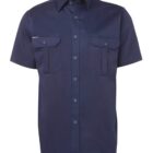 Navy blue short-sleeve button-up shirt with two chest pockets.