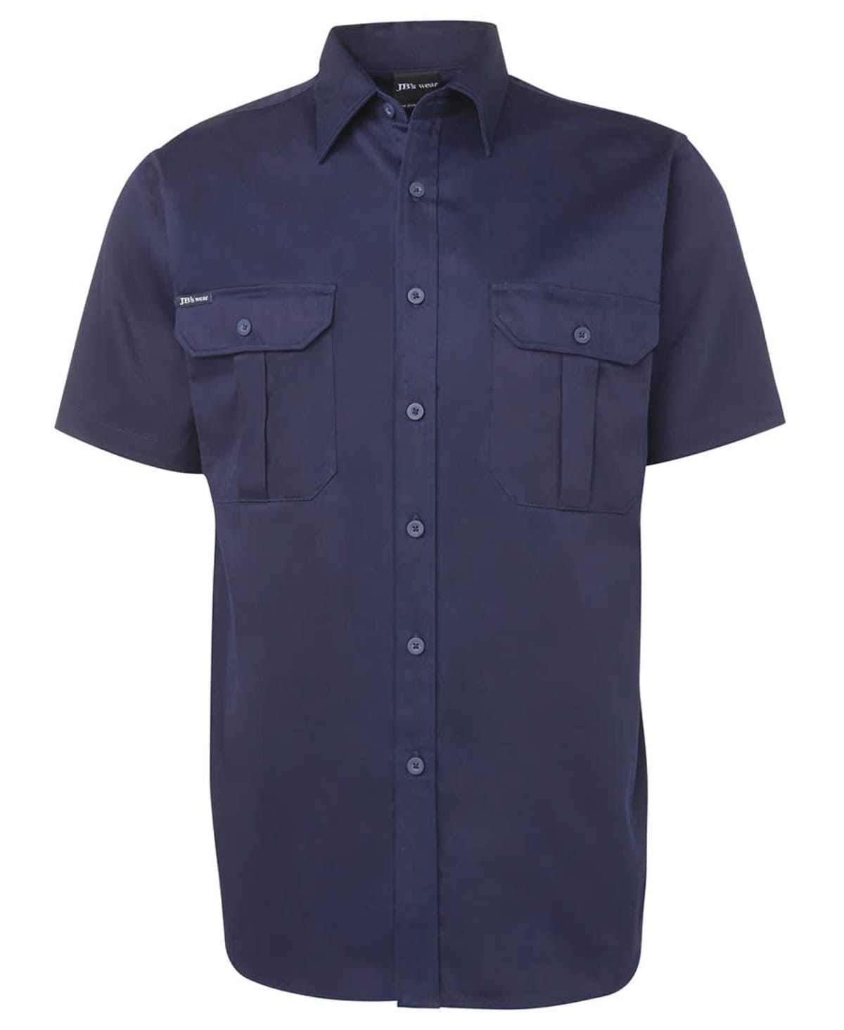 Navy blue short-sleeve button-up shirt with two chest pockets.
