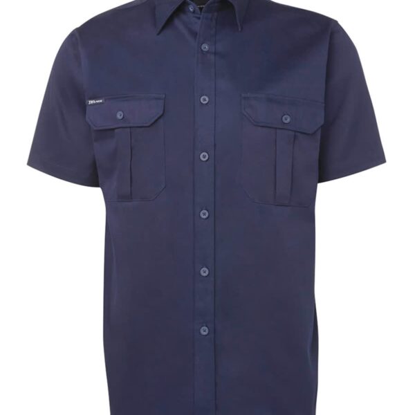 Short-sleeve navy blue button-up shirt with two front chest pockets.