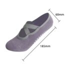 A purple slip-on sock with gray trim and crisscross elastic bands. It has a non-slip sole with white dots and measures 185mm in length and 60mm in height.