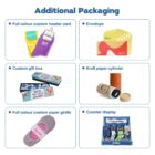 Image showing various packaging options: full color custom header card, envelope, custom gift box, kraft paper cylinder, full color custom paper girdle, and counter display, all with different designs and colors.