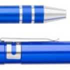 Two blue metallic pens are shown. The top pen has a silver tip and clip, while the bottom pen is longer with a similar silver clip. Both pens have a shiny finish and cylindrical shape.