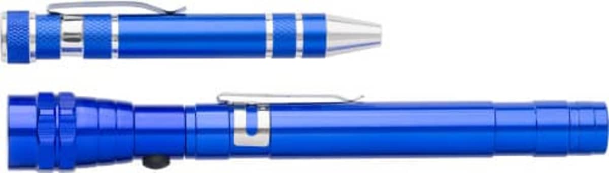 Two blue metallic pens are shown. The top pen has a silver tip and clip, while the bottom pen is longer with a similar silver clip. Both pens have a shiny finish and cylindrical shape.