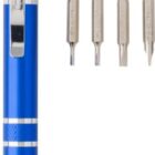A blue precision screwdriver with a pocket clip is displayed alongside seven interchangeable metal bits, including various flathead and Phillips head types, arranged neatly to the right of the screwdriver.