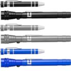 Six assorted pen-shaped flashlights in black, gray, and blue. They feature slim bodies with clip attachments, metallic accents, and varied head designs. Positioned horizontally, they showcase different lengths and thicknesses.