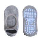 Two gray no-show socks are displayed. The left sock shows the top with an elastic opening, while the right sock shows the sole with a grid-like pattern of white anti-slip grips.