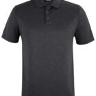 Dark gray short-sleeve polo shirt with a collar and three buttons, displayed on a white background.