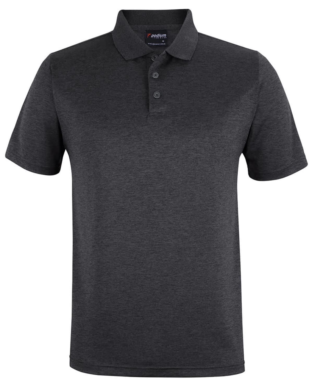 Dark gray short-sleeve polo shirt with a collar and three buttons, displayed on a white background.
