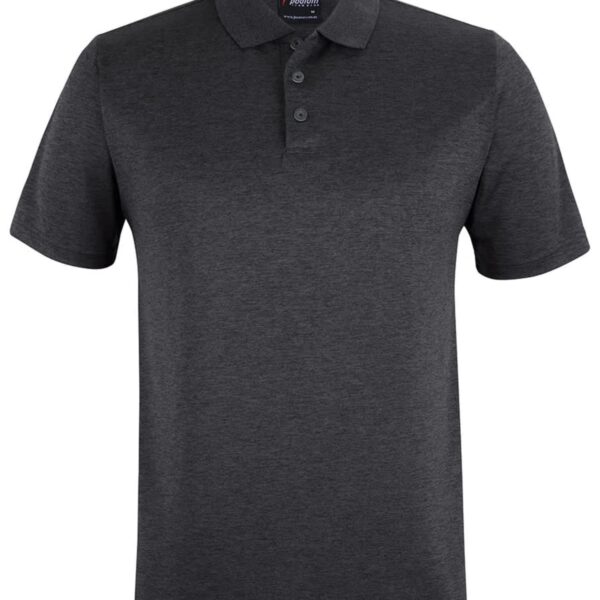Dark gray short-sleeve polo shirt with a collar and three buttons on the front.