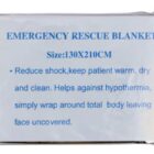 A packaged emergency rescue blanket with blue text on the front. The text reads: EMERGENCY RESCUE BLANKET Size: 130X210CM. Reduce shock, keep patient warm, dry and clean. Helps against hypothermia, simply wrap around total body leaving face uncovered.