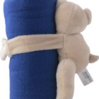 The Cuddle Buddy Bear with Blanket features a tan bear holding a rolled-up blue blanket with its arms and legs. A tag on the bears side adds a charming touch to this cozy companion.