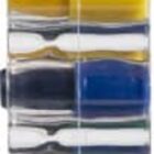 A transparent plastic case containing eight multicolored stacked crayons, including red, yellow, blue, and green.