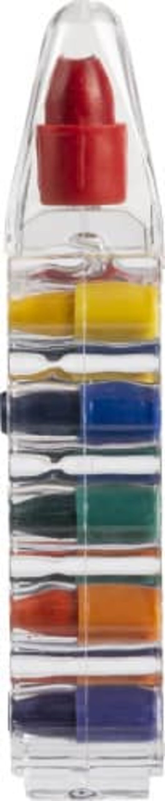A transparent plastic case containing eight multicolored stacked crayons, including red, yellow, blue, and green.