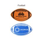 Two stylized drawings of American footballs: the top one is orange with Business Name and Tagline Here, and the bottom one is blue with SKCIRCLE and a hexagonal emblem.