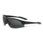 Black wraparound sunglasses with dark lenses and curved arms on a white background.