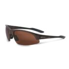 Brown-tinted sports sunglasses with a sleek, semi-rimless black frame.