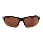 Sporty sunglasses with dark brown lenses and a black frame, viewed from the front.