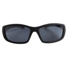 Black wraparound sunglasses with dark tinted lenses on a white background.