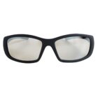 Black wraparound sunglasses with reflective lenses, viewed from the front.