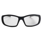 Black rectangular eyeglasses with clear lenses, viewed from the front on a white background.