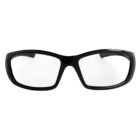 Black rectangular eyeglass frames with clear lenses on a white background.