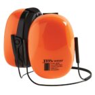 Orange and black over-ear hearing protection earmuffs with a neckband.